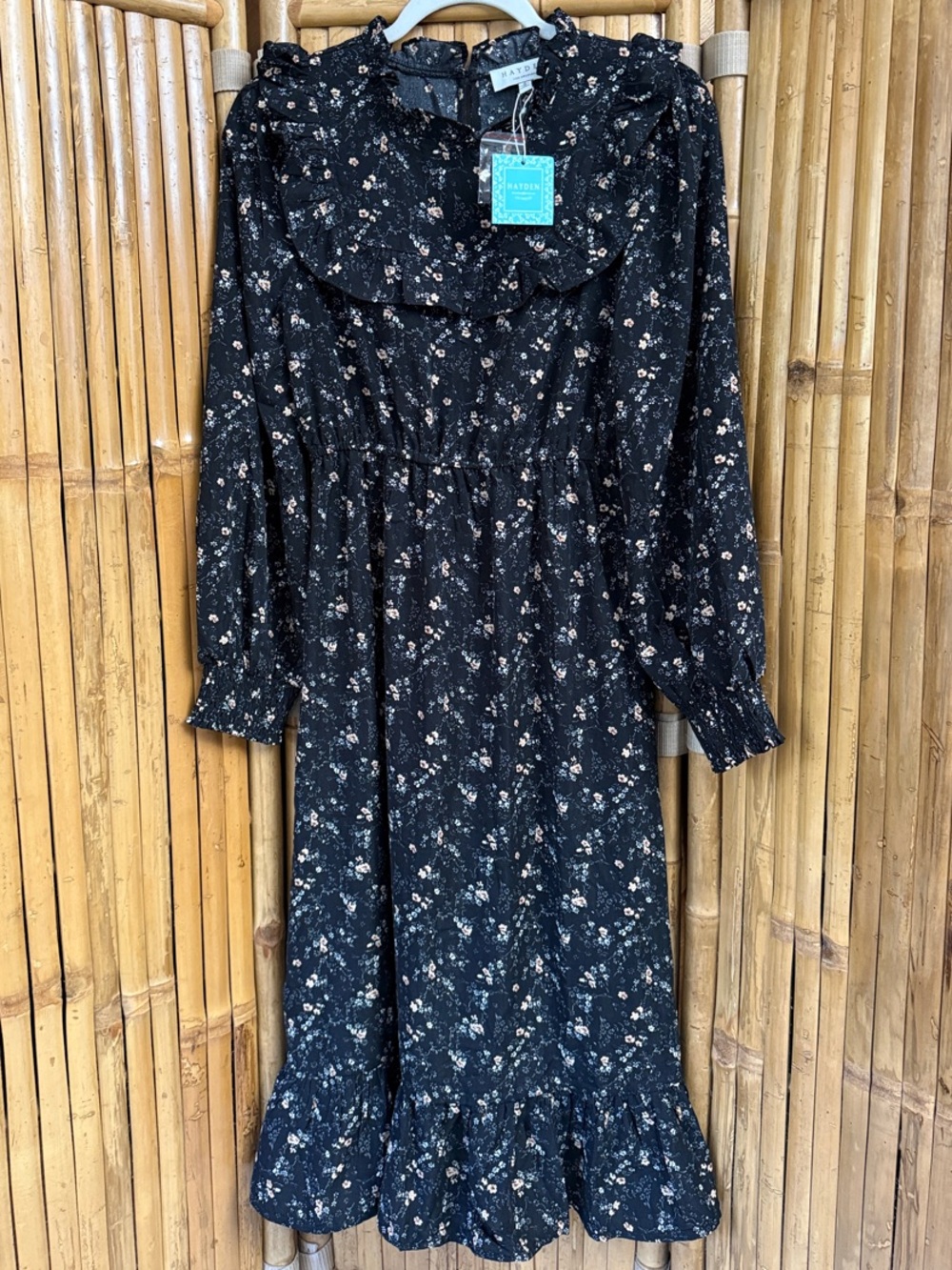 Black Floral Long-Sleeve Ruffle-Hem Midi Dress NWT